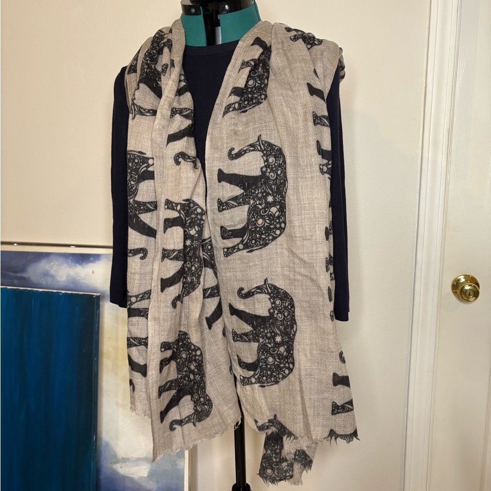 Elephant Scarf in Beige and Black Reversible Double Sided Print